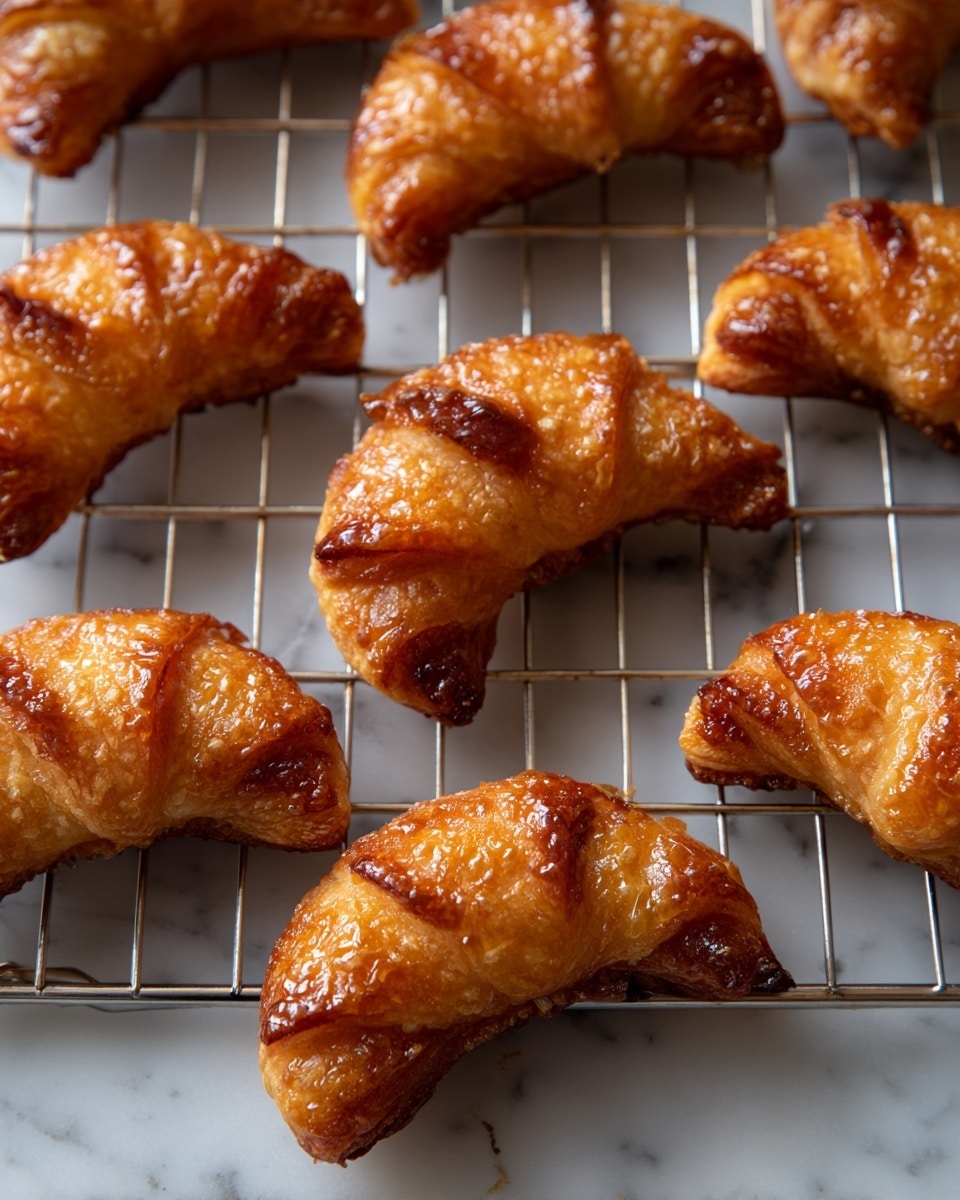 The image shows several small, golden-brown crescent-shaped pastries resting on a metal cooling rack above a white marbled surface. Each pastry has a textured, flaky crust with visible caramelized edges and a slightly shiny glaze, hinting at a sugary coating. The pastries look folded in multiple layers with a darker filling peeking out from the folds, creating a contrast of light and dark browns. The pastries are uniformly spaced on the rack, displaying their crisp outer texture and soft, rich filling inside. photo taken with an iphone --ar 4:5 --v 7