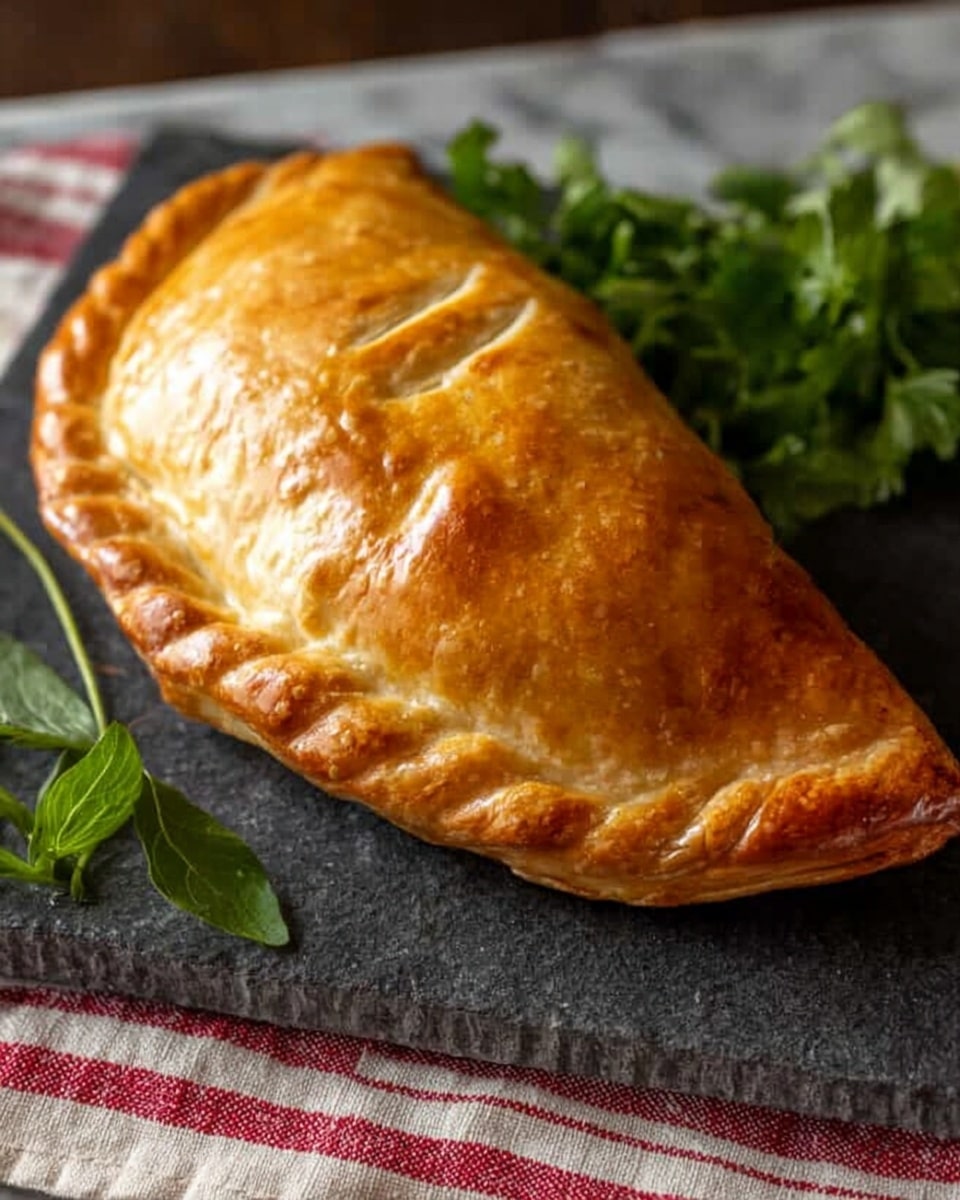 A golden-brown pastry with a shiny, slightly crispy crust lies on a dark stone board, showing subtle fold marks and small vent slits on top. The pastry is shaped like a half-moon, with gentle curves and a slightly puffed texture. Around it, fresh green leaves add a touch of color against the dark board, which rests on a white marbled surface partially covered by a red and white striped cloth. photo taken with an iphone --ar 4:5 --v 7