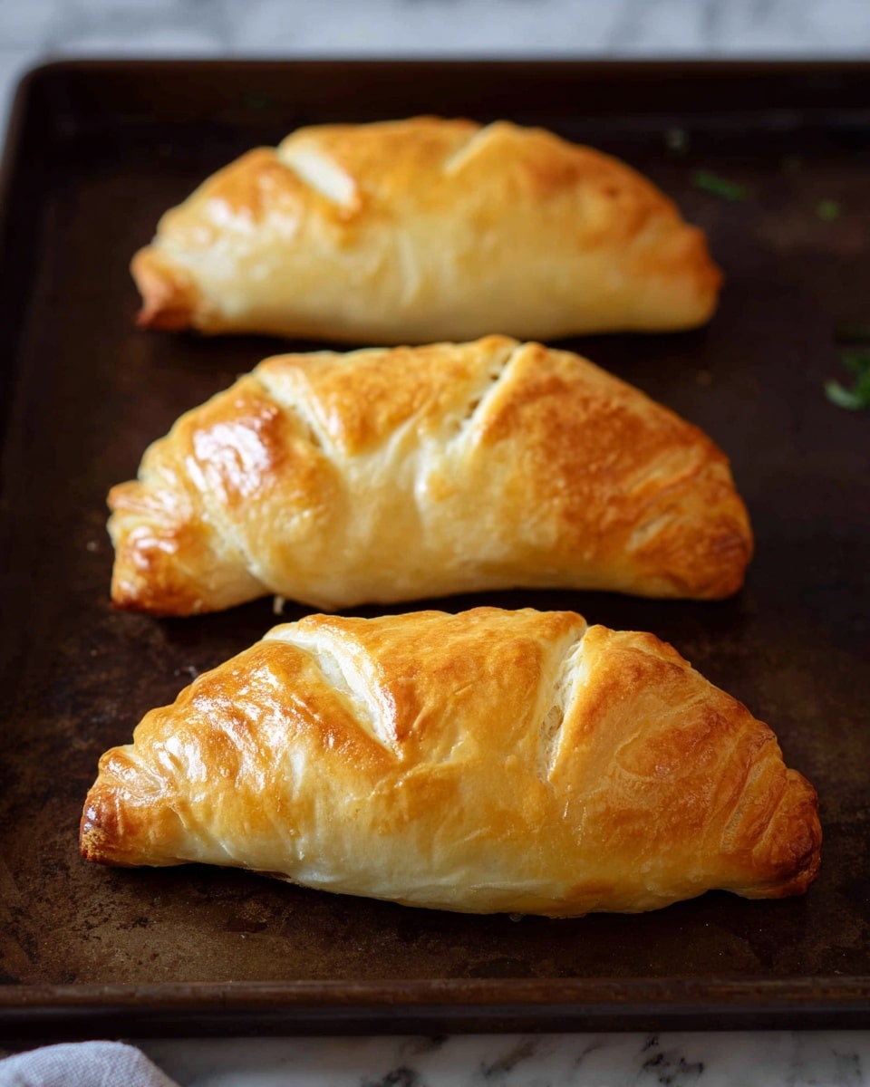 Three golden brown baked pastries are placed in a single row on a dark baking tray. Each pastry has a slightly shiny, smooth top with visible folds and small slits on the surface, giving them a homemade look. They have a crescent shape with crimped edges that show a flaky texture. The pastries vary slightly in size but all appear puffed and soft, with a light golden crust that suggests they are freshly baked. The background is a white marbled texture photo taken with an iphone --ar 4:5 --v 7