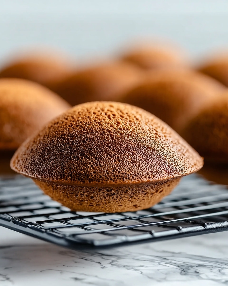 The image shows a close-up of three stacked chocolate madeleine cookies dusted with powdered sugar, with the top cookie clearly showing its shell-like ridged texture and a deep brown color with tiny holes and cracks. Behind the stack, there are segments of peeled orange, adding bright orange contrast. All items rest on a cooling rack placed on a white marbled surface, with a blue and white checkered cloth visible in the upper right corner. photo taken with an iphone --ar 4:5 --v 7