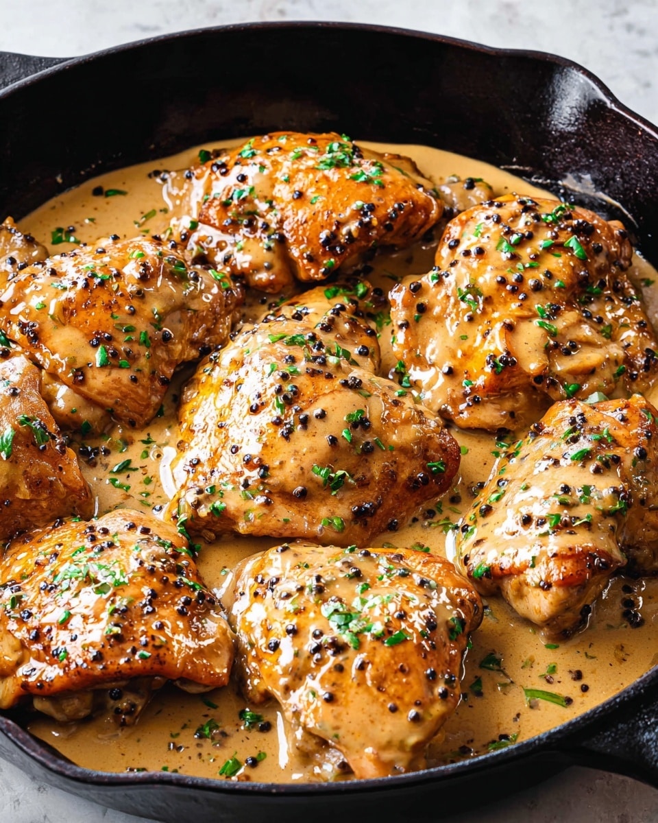 A black cast iron pan filled with multiple pieces of cooked chicken thighs and drumsticks in a creamy light brown sauce. The chicken pieces are golden brown with a shiny glaze from the sauce, which has visible small black peppercorns and chopped green herbs sprinkled on top. The sauce pools slightly around the chicken, giving a rich and moist texture. The background is a white marbled texture. photo taken with an iphone --ar 4:5 --v 7
