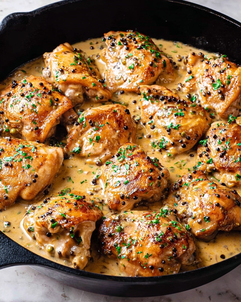 A black cast iron pan filled with about ten pieces of golden brown cooked chicken thighs and drumsticks, all covered in a creamy light brown sauce with visible black peppercorns dispersed throughout. The chicken pieces are arranged close together, topped with small bright green chopped herbs scattered evenly on the surface. The sauce has a smooth, rich texture that coats the chicken, pooling slightly around the edges. The background is a white marbled texture. photo taken with an iphone --ar 4:5 --v 7