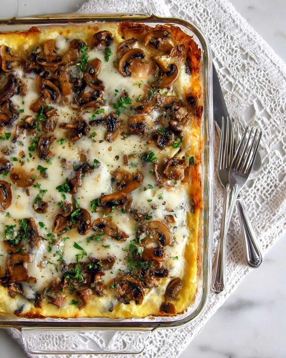 A rectangular clear glass baking dish holds a baked casserole with two main layers: the bottom layer is a yellowish base that looks soft and thick, while the top layer consists of melted, bubbly white cheese that covers browned, cooked mushroom slices scattered unevenly across the surface. Small green herbs are sprinkled over the cheese and mushrooms, adding specks of fresh color. The dish rests on a white lace cloth on a white marbled surface, with two silver forks placed to the right side. Photo taken with an iphone --ar 4:5 --v 7
