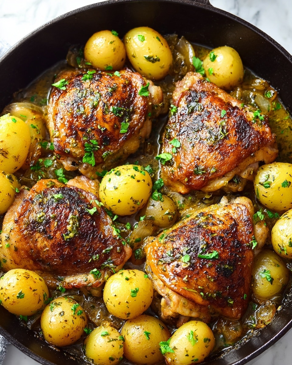 A close-up view of a black cast iron pan filled with four browned, crispy chicken thighs with a shiny glistening skin showing dark golden and light golden colors, surrounded by halved small yellow potatoes with a tender texture and a light green herb sprinkle on top. The dish is coated with a glossy, golden herb sauce, and fresh chopped green herbs are scattered over the chicken and potatoes for a fresh look. The pan sits on a white marbled texture. photo taken with an iphone --ar 4:5 --v 7