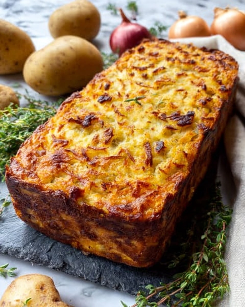 A rectangular loaf of baked dish with a golden-brown top layer that looks crispy and textured, with some darker browned spots around the edges. The main body of the loaf shows a softer, dense texture with visible small chunks inside. It sits on a dark stone board surrounded by whole potatoes, an onion, fresh green sprigs of thyme, and a white cloth, all set on a white marbled surface. Photo taken with an iphone --ar 4:5 --v 7