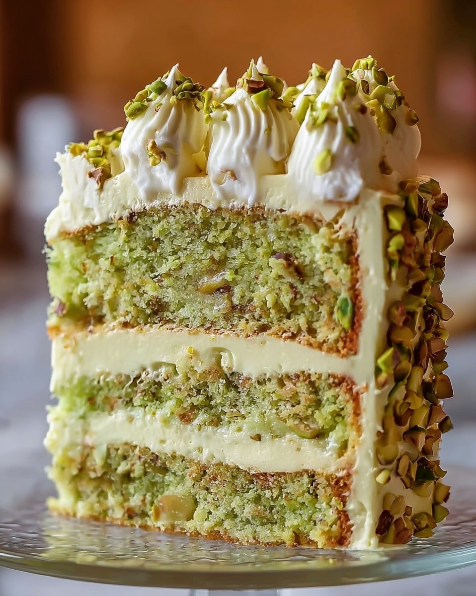 A close-up of a three-layer green pistachio cake slice is shown, each layer soft and studded with small nuts, separated by smooth, thick pale yellow cream frosting. The outside edge is coated with the same creamy frosting, which is decorated on top with whipped dollops and crushed pistachios, adding texture and color. The cake sits on a clear glass plate against a softly blurred warm background. The surface beneath the plate is a white marbled texture. photo taken with an iphone --ar 4:5 --v 7