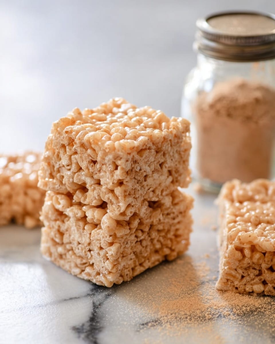 A close-up image of two square rice cereal treats stacked on top of each other, showing their sticky, slightly shiny texture with light brown puffed rice pieces tightly packed together. Surrounding the stacked treats are other single square rice cereal treats scattered around. In the background to the right, a glass shaker with a metal lid is visible, partially filled with a brownish powder. The treats and shaker sit on a white marbled surface, creating a clean and simple setting. photo taken with an iphone --ar 4:5 --v 7