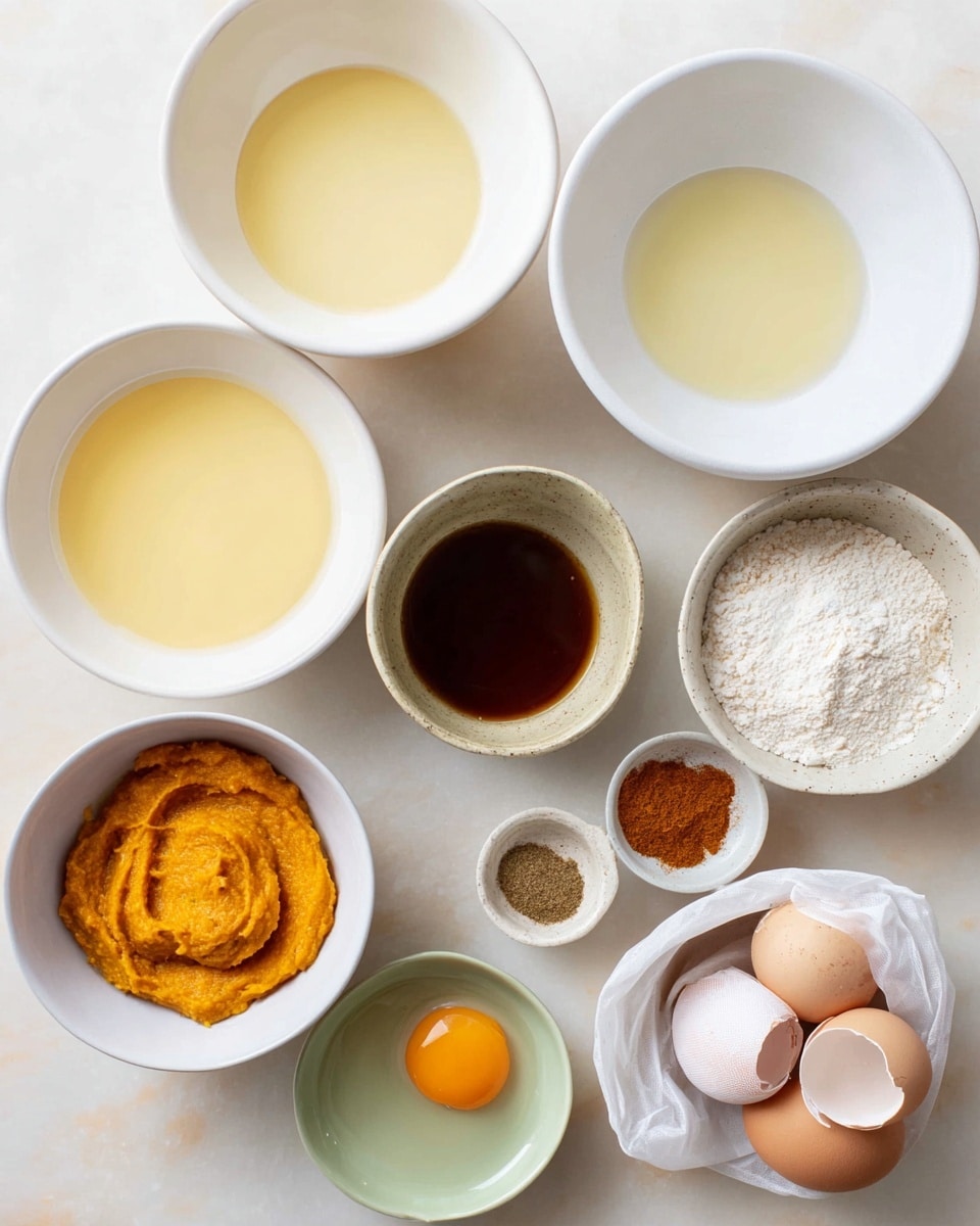 The image shows several white bowls arranged on a white marbled surface, each containing different baking ingredients. There are two larger white bowls at the top, one empty and the other filled with a light yellow liquid. Below these, there is a medium white bowl with a similar light yellow liquid, and next to it a small white bowl with a dark brown liquid. A small white bowl contains bright orange pumpkin puree, while a white bowl at the bottom holds one raw egg with its yolk clearly visible. To the right, there is a whitish speckled small bowl with two cracked eggs and a white sealed plastic bag containing white flour. A tiny light green bowl holds a mix of ground spices, and a small brown bowl holds brown sugar. All the bowls are cleanly arranged and visible from a top-down angle. photo taken with an iphone --ar 4:5 --v 7