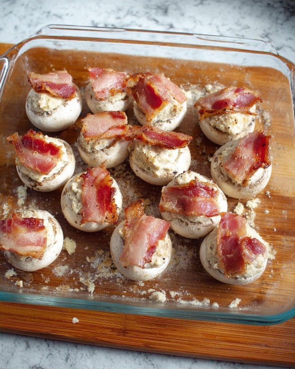 The image shows a clear glass baking dish filled with 12 stuffed mushrooms arranged in four rows of three. Each mushroom has a white, round, slightly rough cap filled with a beige creamy stuffing topped by a crispy strip of cooked bacon that is pinkish-brown with some darker spots. The baking dish is on a wooden cutting board, and the surface below is changed to a white marbled texture. Some small, light crumbs and bits are around the mushrooms inside the dish, adding texture and context to the baking process. Photo taken with an iphone --ar 4:5 --v 7
