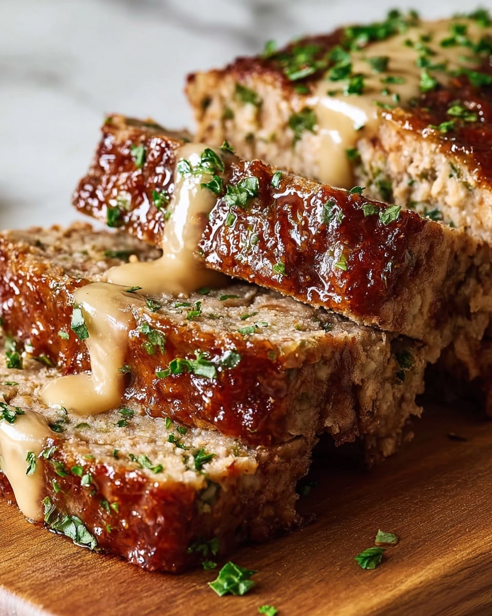 This image shows a thick, juicy meatloaf cut into slices and laid on a wooden board. The meatloaf has three visible layers, each showing a moist texture with flecks of green herbs mixed throughout. The outside has a caramelized, golden-brown crust that looks crisp and slightly shiny. A beige sauce is drizzled over the top, adding a smooth and glossy texture that contrasts with the roughness of the meat. Small green herb pieces are sprinkled on top and around the meatloaf, giving a fresh look. The background has a soft white marbled texture. Photo taken with an iphone --ar 4:5 --v 7