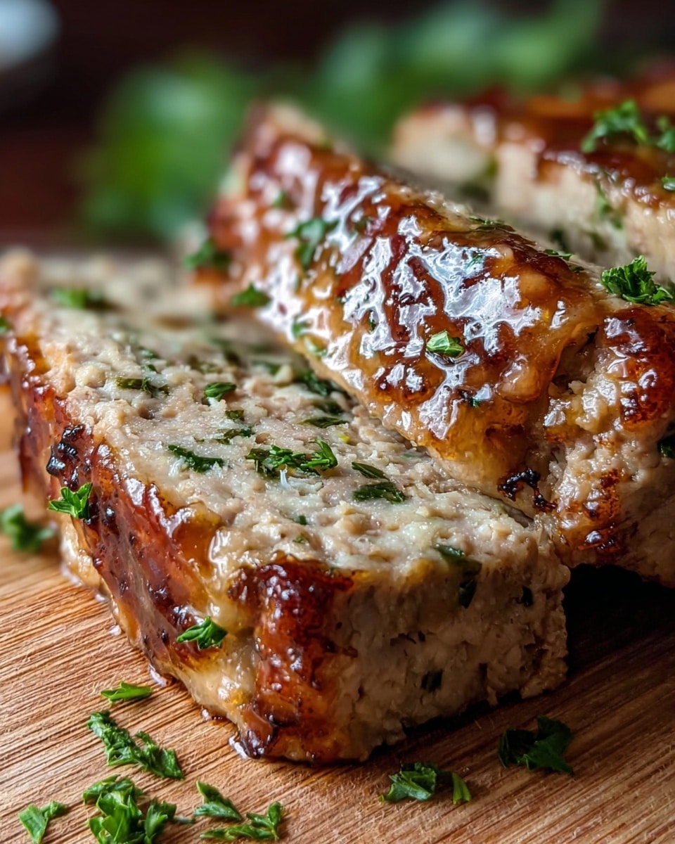 The image shows two thick, rectangular slices of moist meatloaf on a wooden board. Each slice has a browned, slightly crispy outer layer with a glossy glaze on top that gives it a shiny look. The inside is light beige with visible bits of green herbs mixed through, creating a textured and slightly crumbly appearance. Fresh chopped green parsley is sprinkled on and around the meatloaf slices, adding a touch of bright color. The focus is close, highlighting the juicy texture and glaze. Photo taken with an iphone --ar 4:5 --v 7