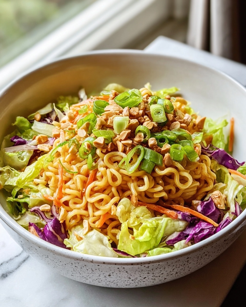 A bowl filled with three main layers starting at the bottom with a mix of green lettuce and purple cabbage pieces, topped with a thick layer of cooked curly yellow noodles. The noodles are mixed with thin carrot strips and small bits of nuts. The top layer is sprinkled with sliced green onions and chopped nuts, adding a fresh and crunchy texture. The bowl is white with a subtle grey speckled pattern on the sides, set on a white marbled surface near a window with soft natural light. photo taken with an iphone --ar 4:5 --v 7