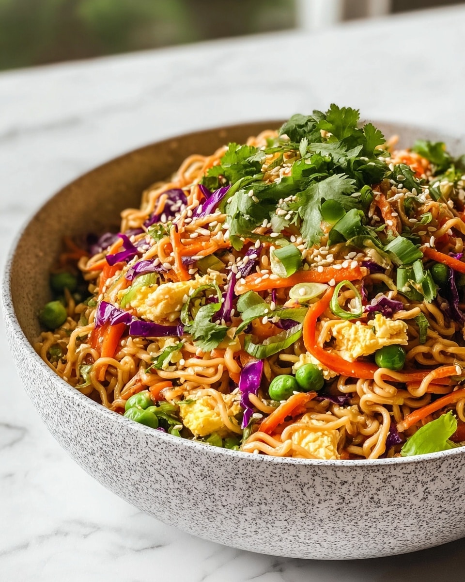 A bowl filled with a colorful noodle salad with three main layers: the bottom layer is twisted light brown noodles, the middle layer contains bright green peas, thin orange carrot strips, purple cabbage pieces, and light yellow scrambled eggs mixed in, and the top layer is sprinkled with fresh green cilantro leaves and white sesame seeds for garnish. The bowl is white with a gray speckled texture, placed on a white marbled surface with soft natural light coming from the side. photo taken with an iphone --ar 4:5 --v 7