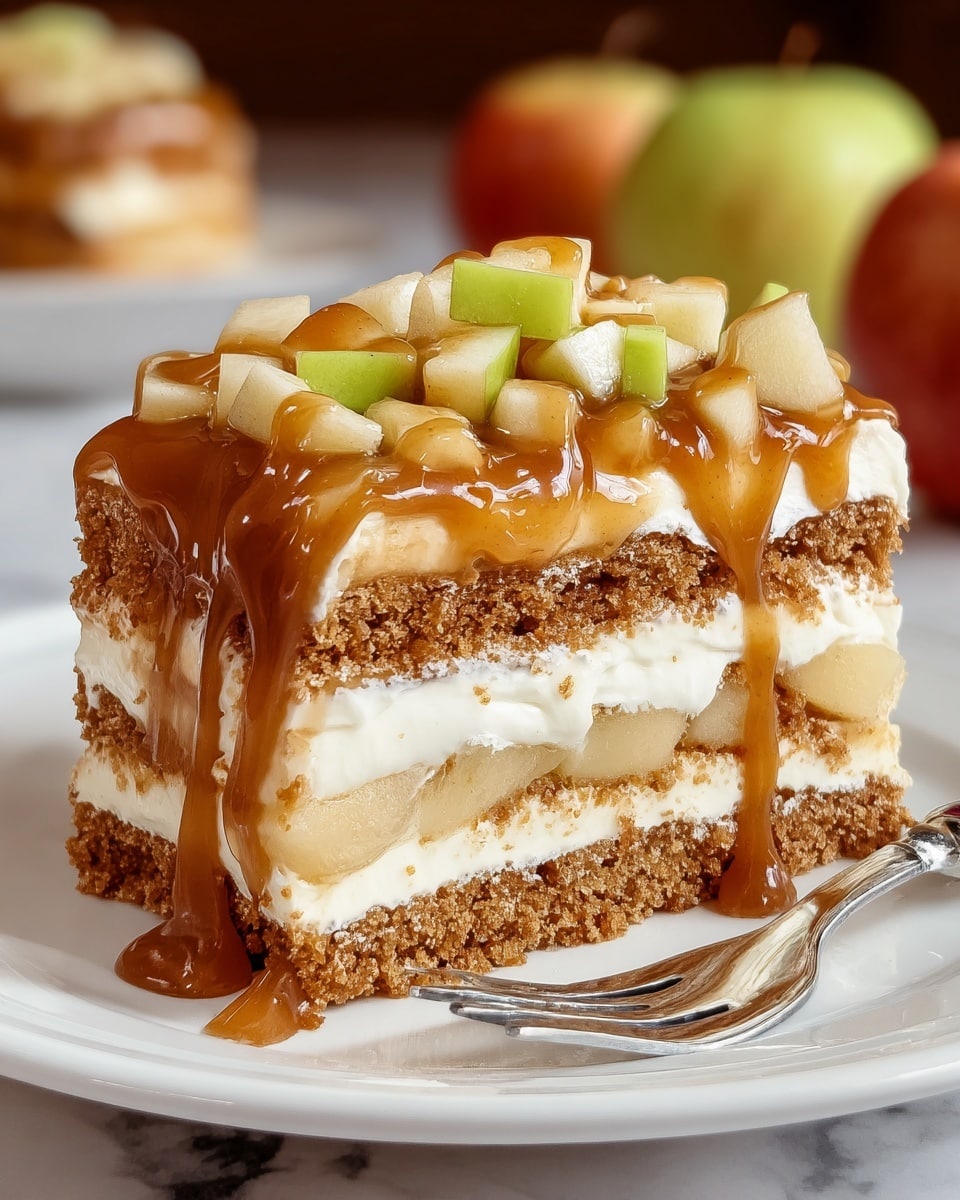 A piece of layered dessert sits on a white plate with a silver fork resting beside it. The dessert has three main layers: two thick, crumbly golden brown cake layers at the bottom and middle, separated and topped by creamy, smooth white filling layers. On top, there is a generous layer of diced pale green apples mixed with a shiny, rich caramel sauce that drips slightly down the sides. The background and surface feature a white marbled texture, and there are blurred apples in the background. The photo taken with an iphone --ar 4:5 --v 7