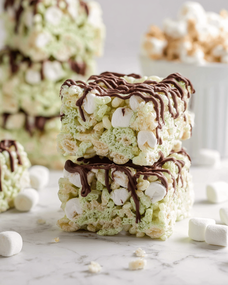 This image shows a close-up view of a stack of two square-shaped rice cereal treats with a pale green tint in the grains. Each treat has a soft, puffy texture with white marshmallows embedded inside and on top. The treats are drizzled with dark brown chocolate in thin stripes, adding contrast to the light green and white colors. The surface is scattered with a few small white marshmallows and pale cereal pieces. In the background, more stacked cereal treats and a white container with a light brown topping are slightly out of focus, all placed on a white marbled surface. photo taken with an iphone --ar 4:5 --v 7
