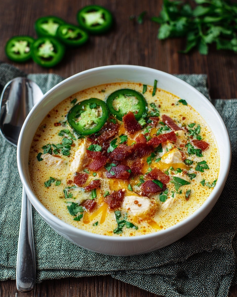 A white bowl filled with creamy soup, showing three main layers: the base is a creamy yellow broth with small bubbles and light orange oil spots, the middle has chunks of white chicken pieces and thin orange melted cheese creating soft textures, and the top layer is decorated with bright green sliced jalapeños, small crispy reddish-brown bacon bits, and sprinkled fresh green herbs all over. The bowl rests on a folded gray and green textured cloth over a dark wooden surface, with extra sliced jalapeños and green leaves blurred in the background. A silver spoon lies next to the bowl, and the overall image has warm, natural lighting. Photo taken with an iphone --ar 4:5 --v 7
