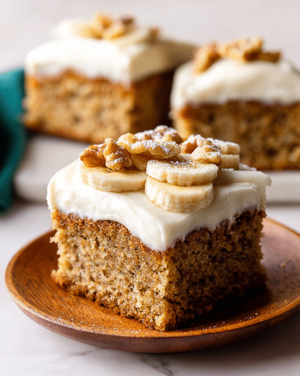 A stack of three square slices of banana cake is shown on a white plate, all placed on a white marbled surface. Each slice has two layers: the bottom is a moist, light brown banana cake with visible bits of nut, and the top features a smooth, creamy white frosting layer. On the top cake slice, the frosting is decorated with thin banana slices and scattered walnut pieces, lightly dusted with powdered sugar. The middle layer of frosting between slices is also visible with more banana slices peeping out. Photo taken with an iphone --ar 4:5 --v 7