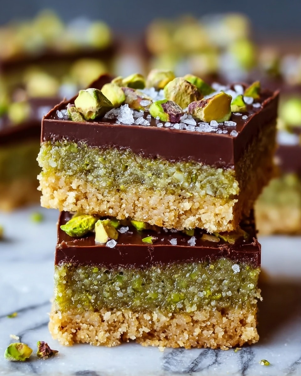The image shows a close-up of a dessert cut into square pieces, laid on white parchment paper with a white marbled texture beneath. The dessert has three visible layers: the bottom layer is a thick, brown cake with a crumbly texture and small dark chocolate chunks, the middle layer is a creamy, light green pistachio-like filling with a slightly rough texture, and the top layer is a smooth, shiny dark brown chocolate ganache. The ganache is sprinkled with small chunks of green pistachio nuts and a few flakes of sea salt. Photo taken with an iphone --ar 4:5 --v 7