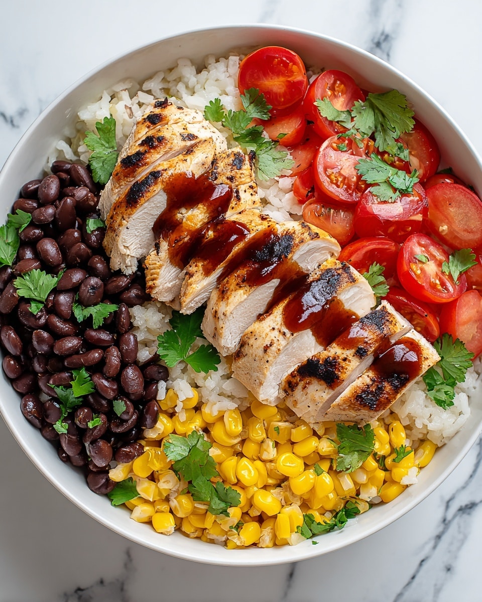 A white bowl filled with a bed of white rice mixed with yellow corn pieces as the base layer. On top of the rice, there are three main sections: grilled chicken slices with a light brown char and a reddish-brown sauce drizzled over them on the right side, shiny black beans sprinkled with fresh green cilantro leaves just below the chicken, and bright red halved cherry tomatoes garnished with more chopped cilantro on the left side. The bowl sits on a white marbled textured surface. photo taken with an iphone --ar 4:5 --v 7