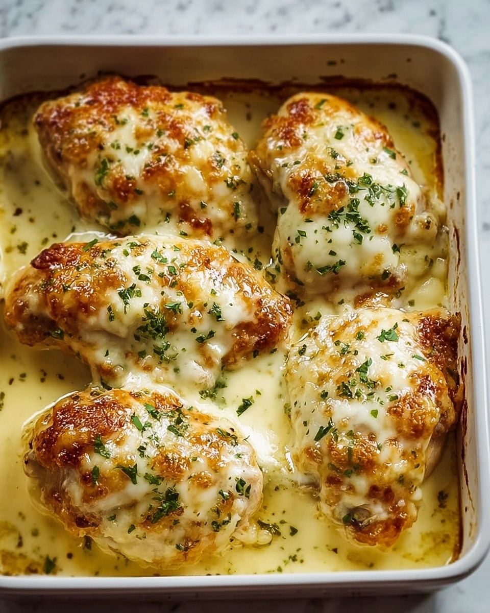 The image shows four pieces of cooked chicken thighs in a white rectangular baking dish, each covered with a layer of melted, slightly browned cheese with a creamy texture. The chicken skin is golden brown and crispy around the edges, with small green herb bits sprinkled on top, adding a fresh touch. A light yellow sauce fills the bottom of the dish, partially coating the chicken pieces. The dish is placed on a white marbled surface. photo taken with an iphone --ar 4:5 --v 7