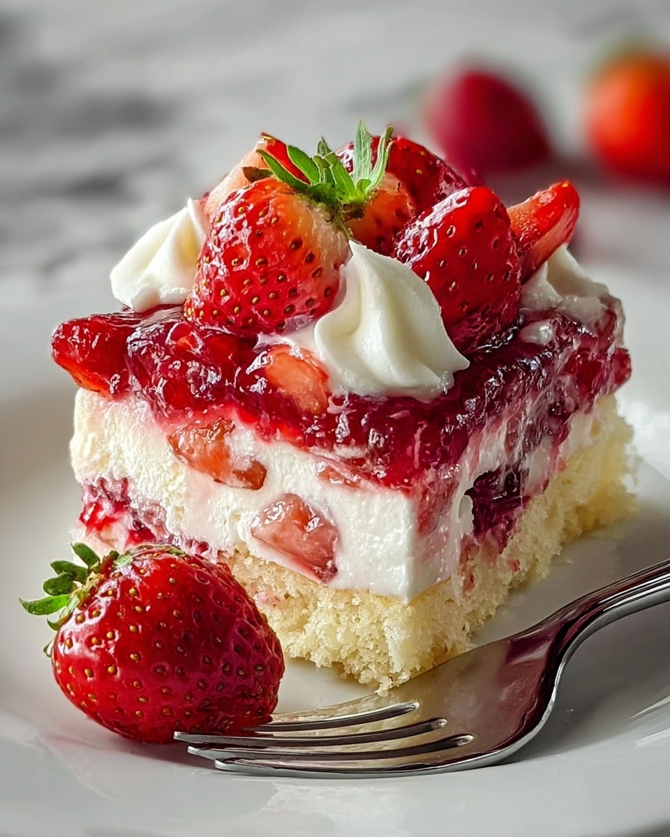 The dessert has three visible layers on a white plate with a silver fork to the side. The bottom layer is a light yellow, crumbly cake base. The middle layer consists of a white creamy filling mixed with a thick red strawberry gel that looks glossy and sticky. The top layer is a mix of creamy white dollops and whole and sliced strawberries; the strawberries are bright red with visible seeds and green leaves on some. A whole strawberry also sits beside the dessert on the plate. The background and surface are a white marbled texture. Photo taken with an iphone --ar 4:5 --v 7