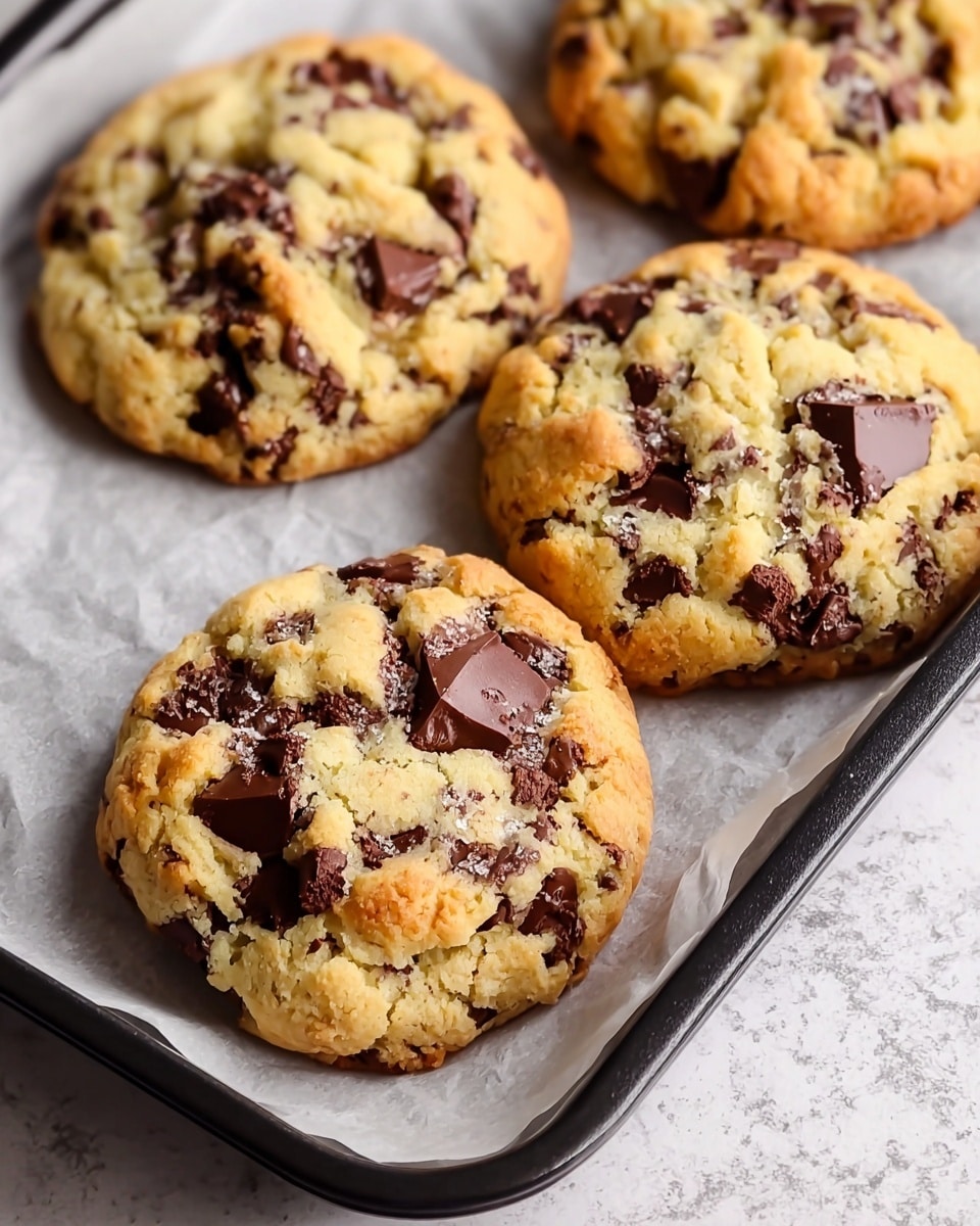 The image shows a close view of four thick, soft chocolate chip cookies resting on white parchment paper atop a black baking tray. Each cookie is golden-brown around the edges with a pale, soft center filled with generous, uneven chunks and small chips of dark chocolate scattered on the surface and partially melted into the dough. The cookies have a slightly cracked texture with small peaks and valleys that show the dough's softness, and they are arranged close but not touching on the tray, which sits on a white marbled textured surface. photo taken with an iphone --ar 4:5 --v 7