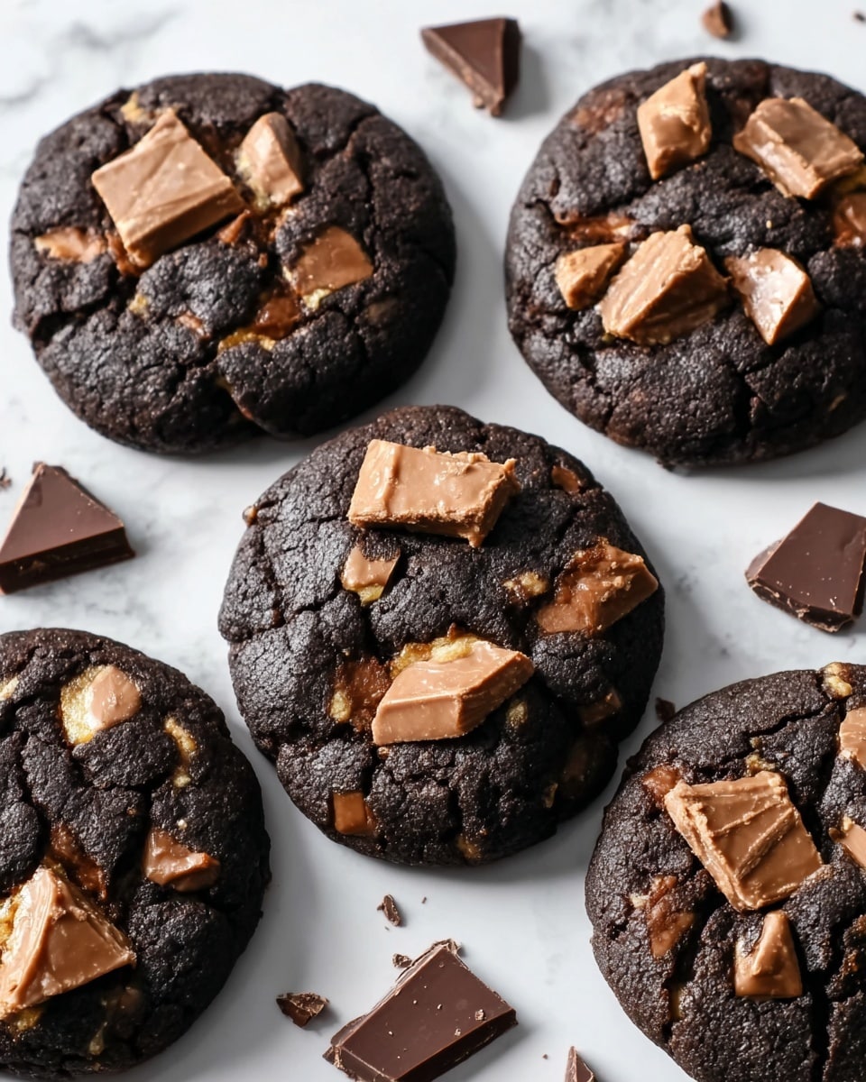 The image shows five thick, dark chocolate cookies placed on a white marbled surface. Each cookie is round and slightly cracked on the surface, revealing a moist texture. On top of every cookie, there are several large, uneven chunks of light brown and milk chocolate pieces scattered. The cookies have a rough and dense look with a rich, almost black-brown color, while the chocolate pieces add contrast with their lighter shades and smooth texture. Around the cookies, there are a few broken chocolate shards that match the toppings. photo taken with an iphone --ar 4:5 --v 7