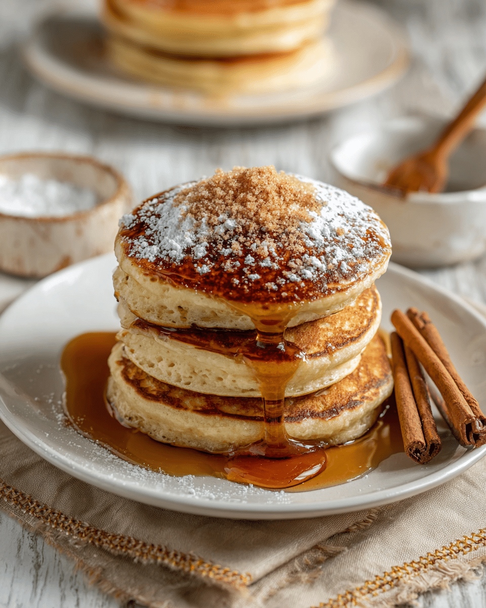 A stack of four thick, fluffy pancakes with a golden brown top layer, lightly dusted with white powdered sugar and topped with a small heap of light brown cinnamon sugar. Thick amber syrup is slowly dripping down from the top pancake, pooling onto the white plate below. Two tied cinnamon sticks rest on the right side of the stack on the plate. The plate sits on a beige cloth with stitched edges on a white marbled surface. In the blurred background, another stack of pancakes is visible on a white plate, accompanied by a small bowl with a wooden spoon. photo taken with an iphone --ar 4:5 --v 7