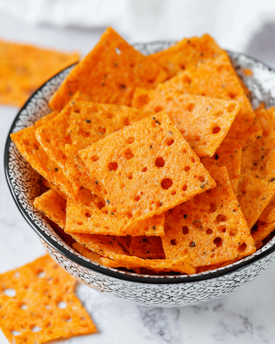 A white bowl with a black and white patterned inside rim is filled with many thin, square-shaped cheese crisps. The crisps are bright orange with a lacy, hole-filled texture that makes them look crunchy and light. The bowl sits on a white marbled surface with a few cheese crisps scattered around it. Photo taken with an iphone --ar 4:5 --v 7