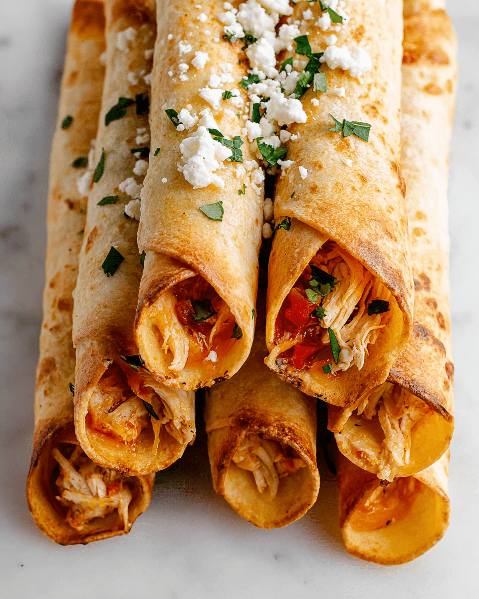 Several rolled taquitos are stacked closely together on a white marbled surface. Each taquito has a golden-brown, lightly crispy outer shell with some parts showing a toasted texture. Inside, visible layers include shredded chicken, melted light orange cheese, and small bits of tomato in some pieces. The top layer of the taquitos is sprinkled with white crumbled cheese and small green cilantro leaves, adding a fresh contrast to the warm, toasted tortillas. photo taken with an iphone --ar 4:5 --v 7