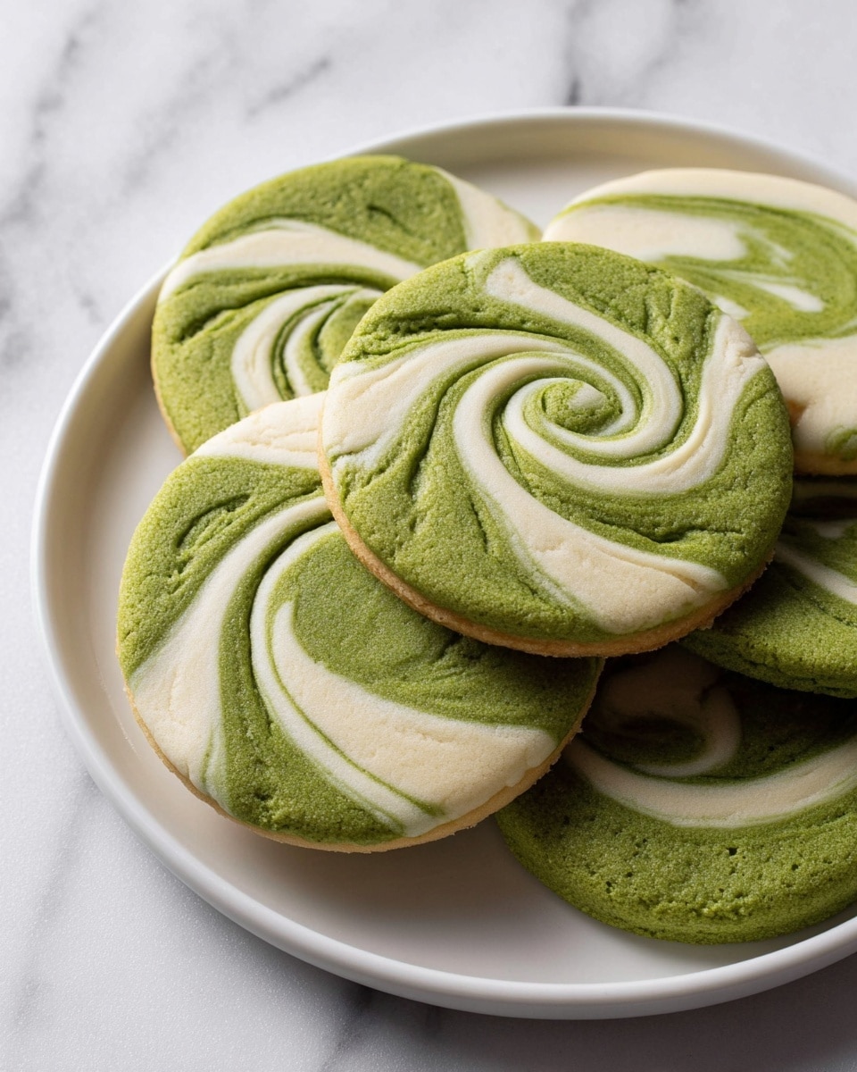 A white plate holds five round cookies with a smooth, swirled pattern of two colors on top: light green and creamy white. Each cookie has a thick, slightly soft texture with the swirls creating a spiral design starting from the center, mixing the green and white shades in flowing curves. The green tone looks like matcha, and the white looks like cream or white chocolate. The cookies are stacked slightly, resting naturally on the plate. The background is a white marbled surface, adding a clean and simple look to the image. photo taken with an iphone --ar 4:5 --v 7