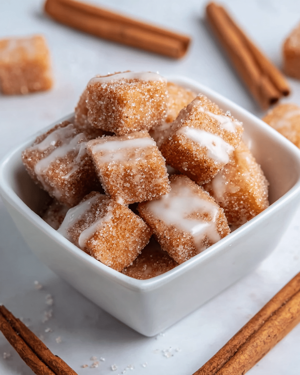 A white square bowl holds a stack of small cinnamon sugar-coated cubes, each golden brown with a sparkling sugar texture on the outside. Some of the cubes have a light drizzle of white glaze on top, adding a smooth and creamy contrast to the rough sugar. The bowl sits on a white marbled texture surface, surrounded by several cinnamon sticks laid casually nearby, enhancing the warm, cozy feeling. photo taken with an iphone --ar 4:5 --v 7