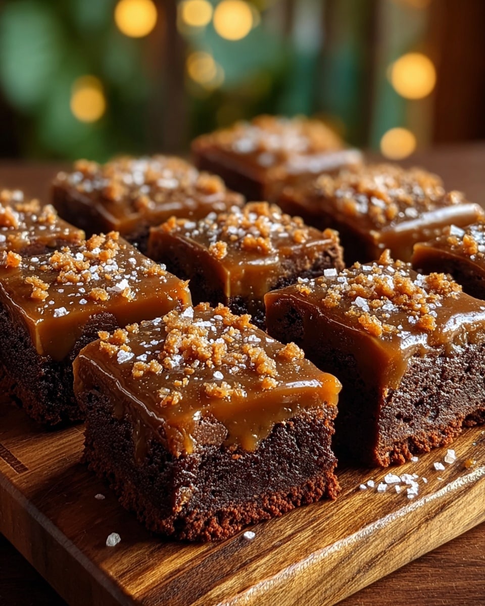 Nine square pieces of gooey chocolate brownies sit close together on a wooden board, each topped with a shiny layer of caramel sauce that drips slightly down the sides. The brownies have a rich, dark brown color with small cracks on the top surface and a dense, moist texture inside. Small bits of crunchy toffee are sprinkled evenly over the caramel, adding texture and color contrast. A few grains of coarse salt are visible on the board near the brownies. The background is softly blurred with warm light and green hints. photo taken with an iphone --ar 4:5 --v 7