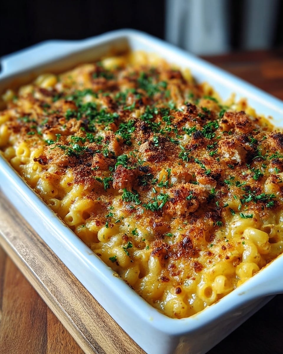 A white rectangular baking dish filled with baked macaroni and cheese, showing a thick bottom layer of yellow pasta mixed with melted cheese, topped with a golden brown crust of small, crisp browned bits, possibly chicken or breadcrumbs, scattered evenly on top. The surface is sprinkled with finely chopped green herbs, adding a fresh contrast to the rich cheesy textures. The dish rests on a wooden board with a blurred background, while the focus is sharp on the textured, slightly bubbling cheese layer and browned toppings. photo taken with an iphone --ar 4:5 --v 7