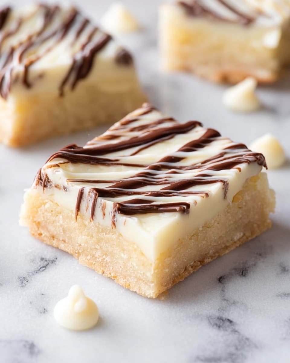 The image shows a close-up view of a white square-shaped dessert bar with two layers. The bottom layer is a pale beige, soft and baked crust, and the top layer is a creamy, slightly glossy white frosting. The frosting is decorated with thin, uneven diagonal drizzles of dark brown chocolate and white icing across the surface. The dish is placed on a white marbled textured surface with small drops of white icing scattered around and a silver fork partially visible to the right. Multiple similar dessert bars are placed around the main one, each with the same layered look and drizzled pattern. Photo taken with an iphone --ar 4:5 --v 7