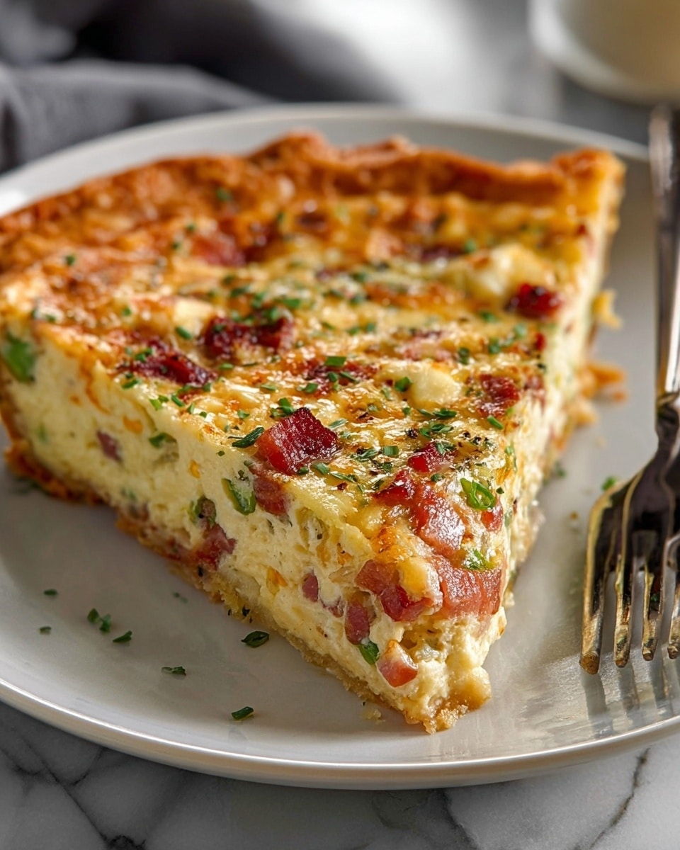 A close-up view of a slice of quiche on a white plate, showing three visible layers: a crispy golden-brown crust at the bottom edge, a thick creamy yellow egg mixture with bits of green herbs and small pieces of pinkish-red bacon scattered throughout, topped with slightly browned melted cheese and additional bacon pieces. The quiche has a textured surface with herbs sprinkled on top, and a silver fork rests on the right side of the plate. The background features a soft focus and a white marbled texture beneath the plate. Photo taken with an iphone --ar 4:5 --v 7