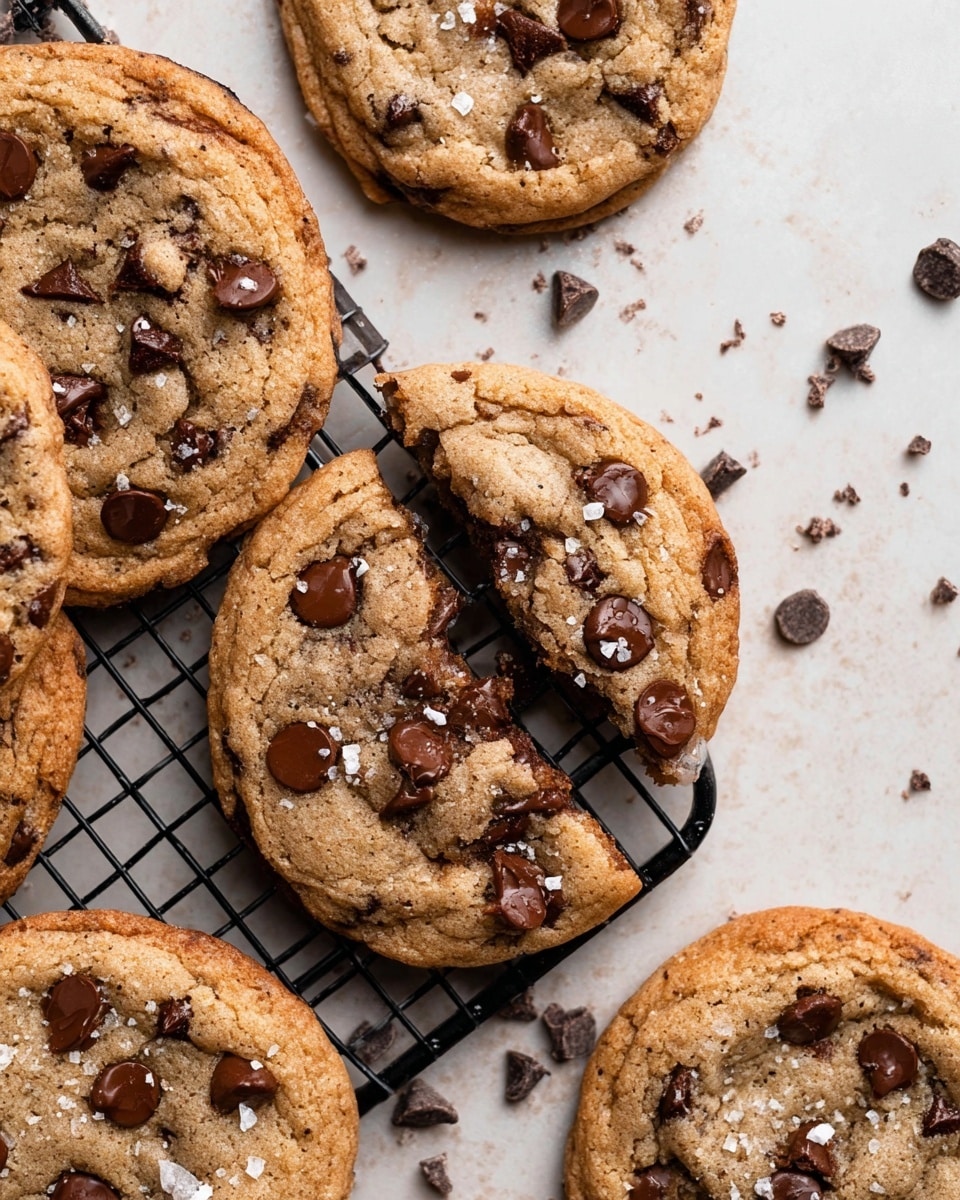 The image shows several round chocolate chip cookies with a golden-brown color and soft texture, resting on a black cooling rack. One cookie is broken in half, showing a slightly gooey inside with melted chocolate chips. The cookies are studded with dark brown chocolate chips spread unevenly on each surface, some shiny from slight melting. A few white salt flakes are scattered on top of the cookies and the surrounding white marbled surface, adding contrast to the warm cookie tones. The overall scene looks cozy and homemade, with crumbs and more chocolate chips scattered around for a natural look. photo taken with an iphone --ar 4:5 --v 7