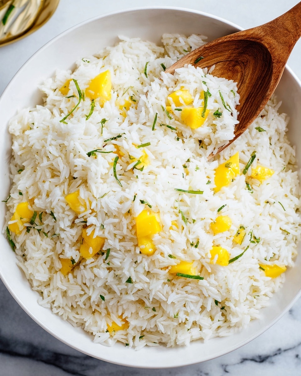 A white bowl filled with cooked white rice mixed with small yellow fruit pieces, likely mango, scattered evenly throughout. Thin green herb strips are lightly sprinkled on top, adding a touch of color contrast. A wooden spoon is partly placed inside the bowl, lifting some rice and fruit. The bowl sits on a white marbled surface, adding subtle texture to the background. Photo taken with an iphone --ar 4:5 --v 7