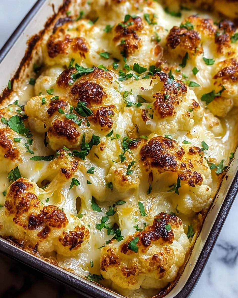 The image shows a close-up of a baked dish with large, chunky cauliflower florets as the main layer, covered by a thick layer of creamy melted cheese that is golden brown and bubbly on top. The edges of the cauliflower have browned spots, showing a slight crispiness. Scattered on top are small pieces of chopped green herbs, adding a fresh color contrast. The dish is in a rectangular white baking dish with slightly darkened, caramelized edges. The background is a white marbled texture. photo taken with an iphone --ar 4:5 --v 7