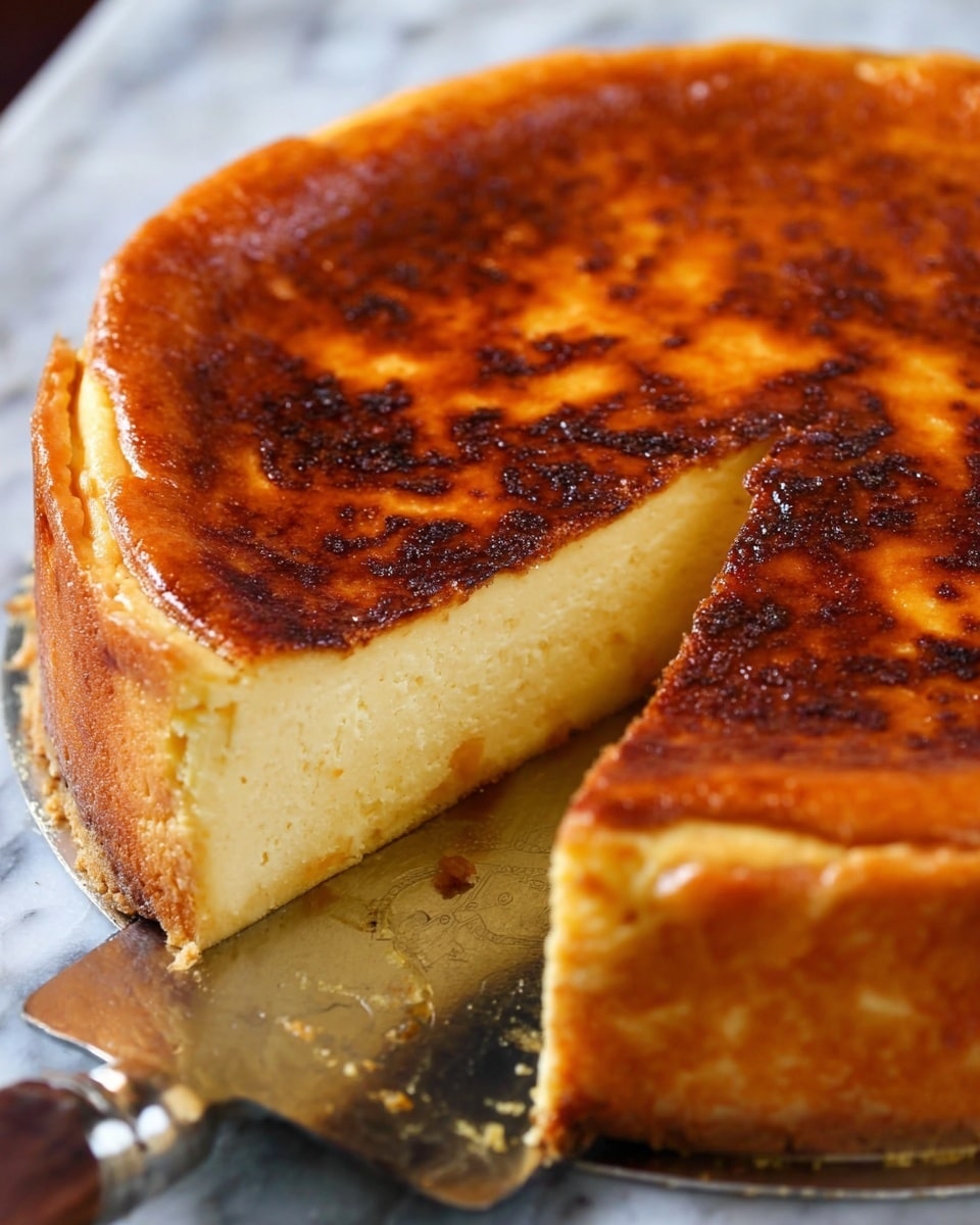The image shows a thick golden brown cheesecake with a shiny, slightly browned top layer that looks creamy and smooth. One slice is cut out but still partly inside the cake, revealing a dense and creamy yellowish layer underneath the browned surface. The cheesecake edges are straight and firm, showing its thick height and rich texture. The cake sits on a silver round base with a knife handle visible underneath, all set on a white marbled surface. photo taken with an iphone --ar 4:5 --v 7