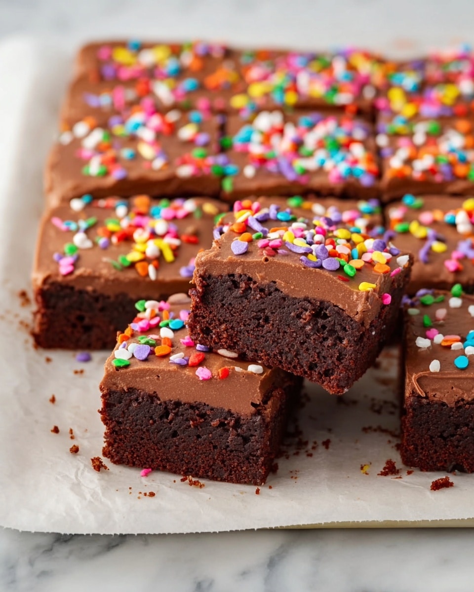 A tray of chocolate brownies cut into square pieces with two visible layers: a dark brown fudgy base and a thick, smooth, lighter brown chocolate frosting on top. The frosting is covered with colorful round and sprinkles in pink, red, yellow, green, blue, purple, white, and orange. One piece is tilted up, showing the dense and moist texture of the brownie layer and the creamy frosting above it. The tray is lined with parchment paper on a white marbled surface. photo taken with an iphone --ar 4:5 --v 7