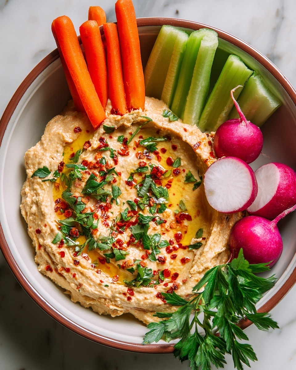 A bowl of thick beige hummus spread with a swirled texture, topped with red chili flakes, bright green chopped parsley, and a drizzle of olive oil at the center. On the left side, three fresh bright orange baby carrots stand upright, while on the right, bright green celery sticks rise up next to three deep pink radishes, two whole and one cut in half showing a crisp white inside. A few fresh parsley leaves add vivid green color near the celery. The bowl is white with a brown rim and sits on a white marbled surface. photo taken with an iphone --ar 4:5 --v 7