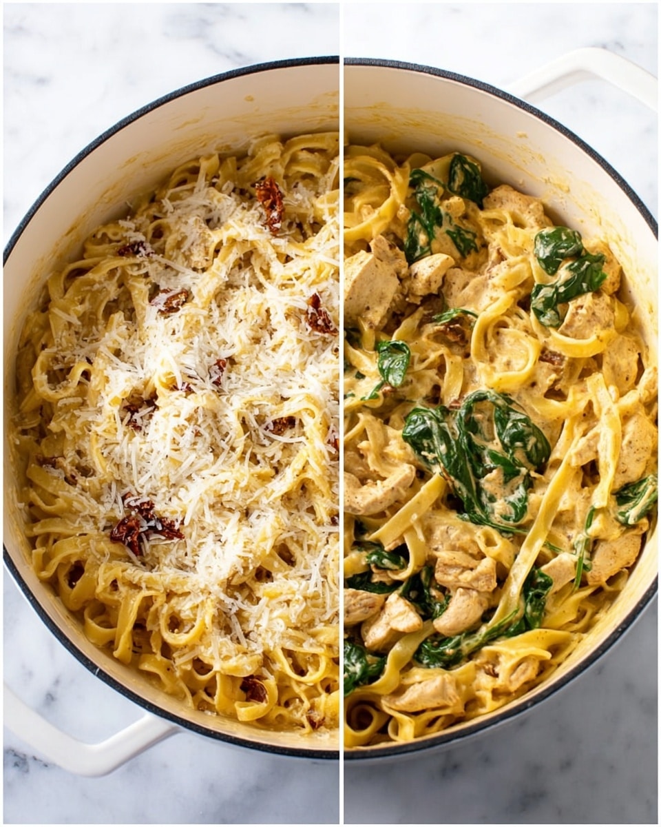 A white pot filled with creamy yellow pasta ribbons is shown from above, with the left side image topped with a generous layer of grated white cheese sprinkled evenly over the noodles, some sundried tomato bits scattered throughout. The right side image shows the same creamy pasta but mixed with vibrant green spinach leaves and light golden-brown chicken chunks distributed evenly across the noodles. Both images rest on a white marbled surface, highlighting the rich textures and colors of the dish. photo taken with an iphone --ar 4:5 --v 7