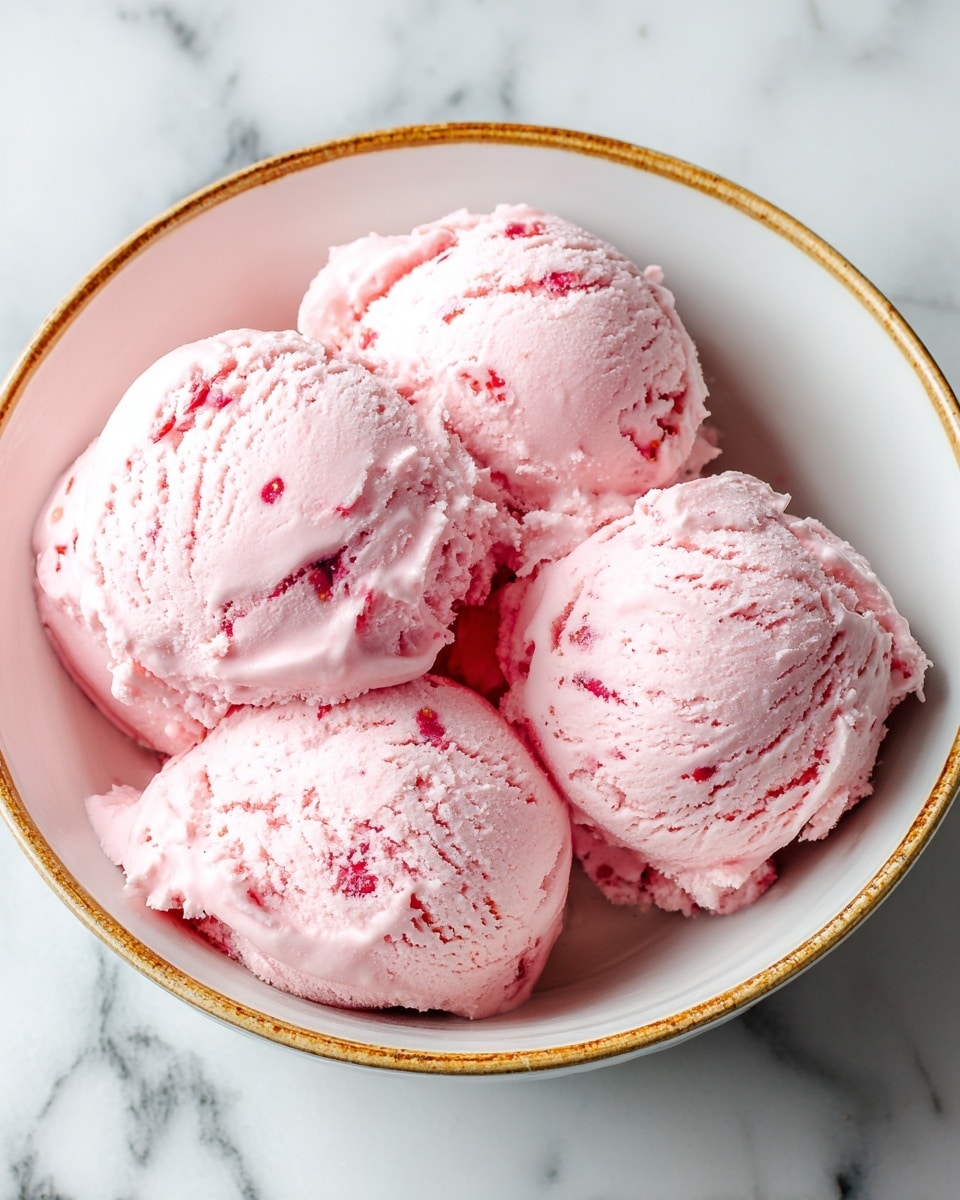 A close-up of five scoops of pink ice cream with a slightly creamy texture, placed tightly together in a white bowl with a light brown rim. The scoops have soft edges with subtle melting spots and visible small red strawberry bits mixed in. The bowl sits on a white marbled surface with light gray veins, adding contrast and elegance to the image. The lighting highlights the smooth and creamy texture of the ice cream, making it look fresh and inviting. photo taken with an iphone --ar 4:5 --v 7