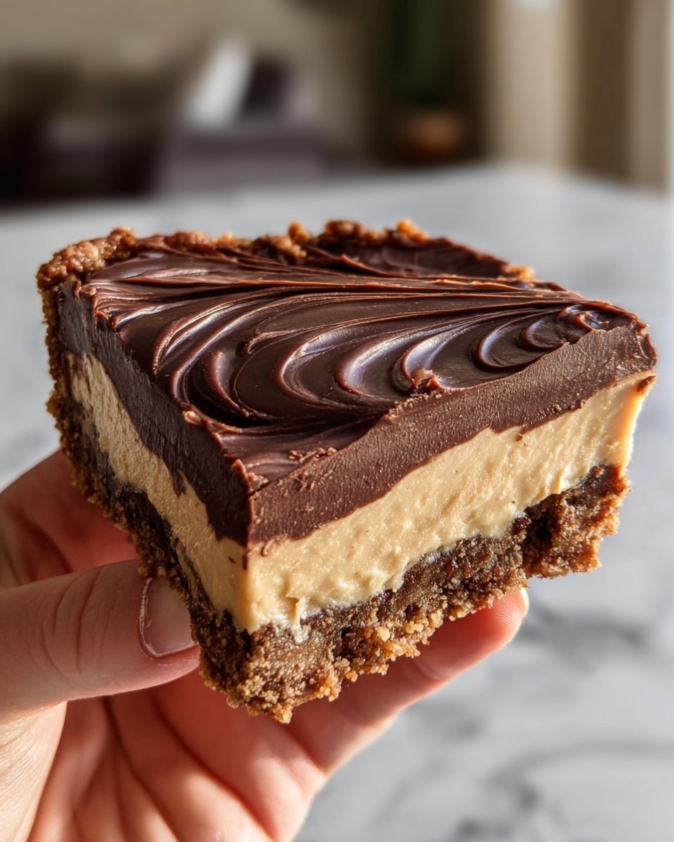 A close-up image of a three-layer dessert slice held by a woman's hand. The bottom layer is a crumbly brown crust with a rough texture, forming a thick base. The middle layer is smooth and creamy, light beige in color, sitting evenly above the crust. The top layer is a thick, glossy, rich dark chocolate with swirling patterns, covering the creamy layer fully and extending to the edges. The background is softly blurred with a white marbled texture visible below. photo taken with an iphone --ar 4:5 --v 7