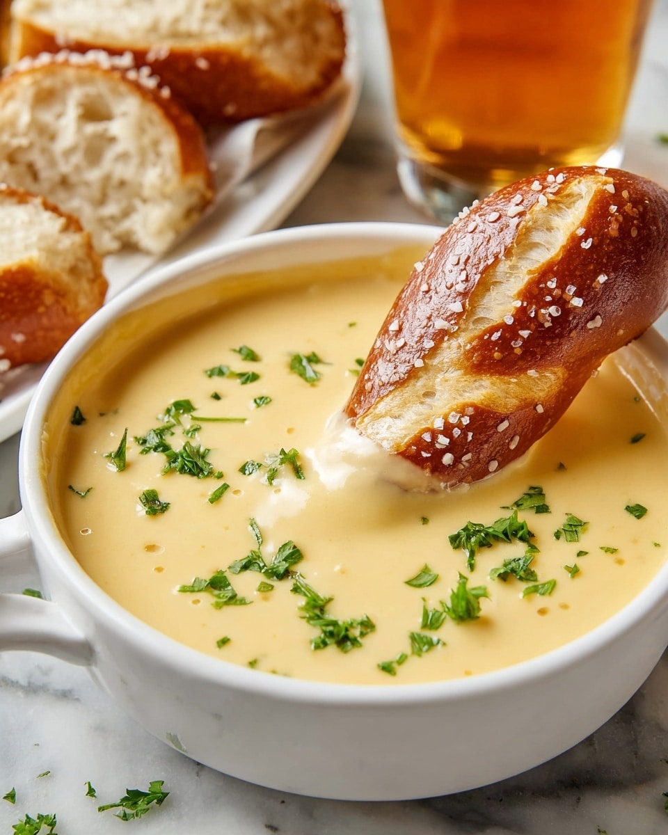A close-up view of a white dish filled with smooth, creamy, pale yellow cheese sauce sprinkled with small green parsley leaves. A golden-brown pretzel stick coated with coarse salt crystals is dipped into the sauce, partially covered. In the background, pieces of torn soft bread rest on a white plate, a glass of amber liquid is visible behind the dish, and the setup is on a white marbled surface. photo taken with an iphone --ar 4:5 --v 7