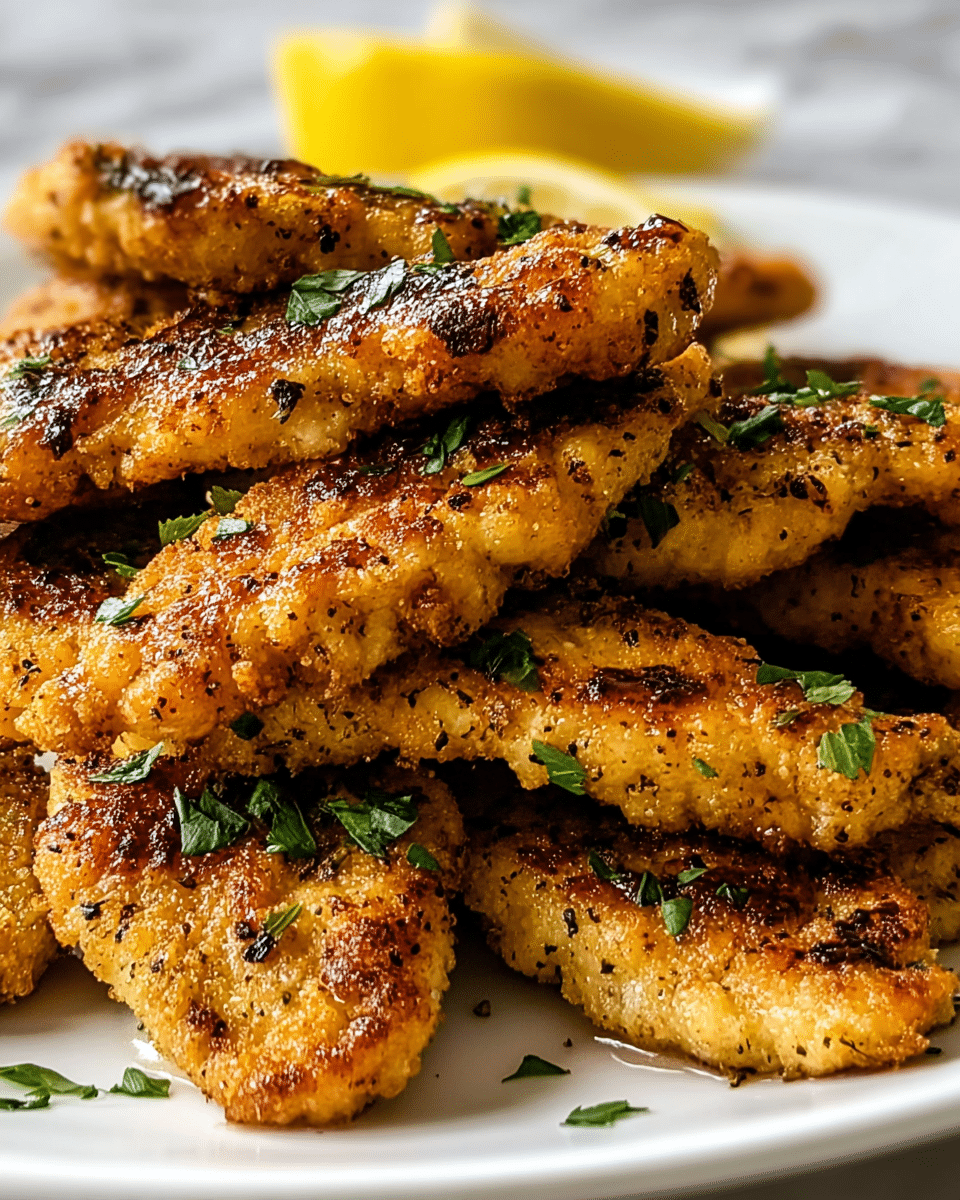 The image shows a pile of golden-brown fried chicken strips on a white plate, each strip has a crispy, slightly uneven texture with small dark brown charred spots and is sprinkled with fresh green chopped herbs. The chicken strips are stacked unevenly, with some pieces lying flat and others resting on top at angles, creating a layered look. A wedge of yellow lemon is placed behind the chicken in the background, adding a bright contrast. The surface beneath the plate is a white marbled texture. photo taken with an iphone --ar 4:5 --v 7