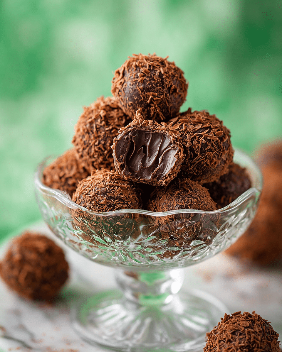 A glass bowl filled with round chocolate truffles covered in fine chocolate shavings, showing a rich dark brown outer layer textured with curls of chocolate. One truffle on top has a bite taken out, revealing a smooth, glossy dark chocolate center with a silky texture and slight ridges from the bite. The bowl is placed on a white marbled surface with a soft green blurred background. Photo taken with an iphone --ar 4:5 --v 7