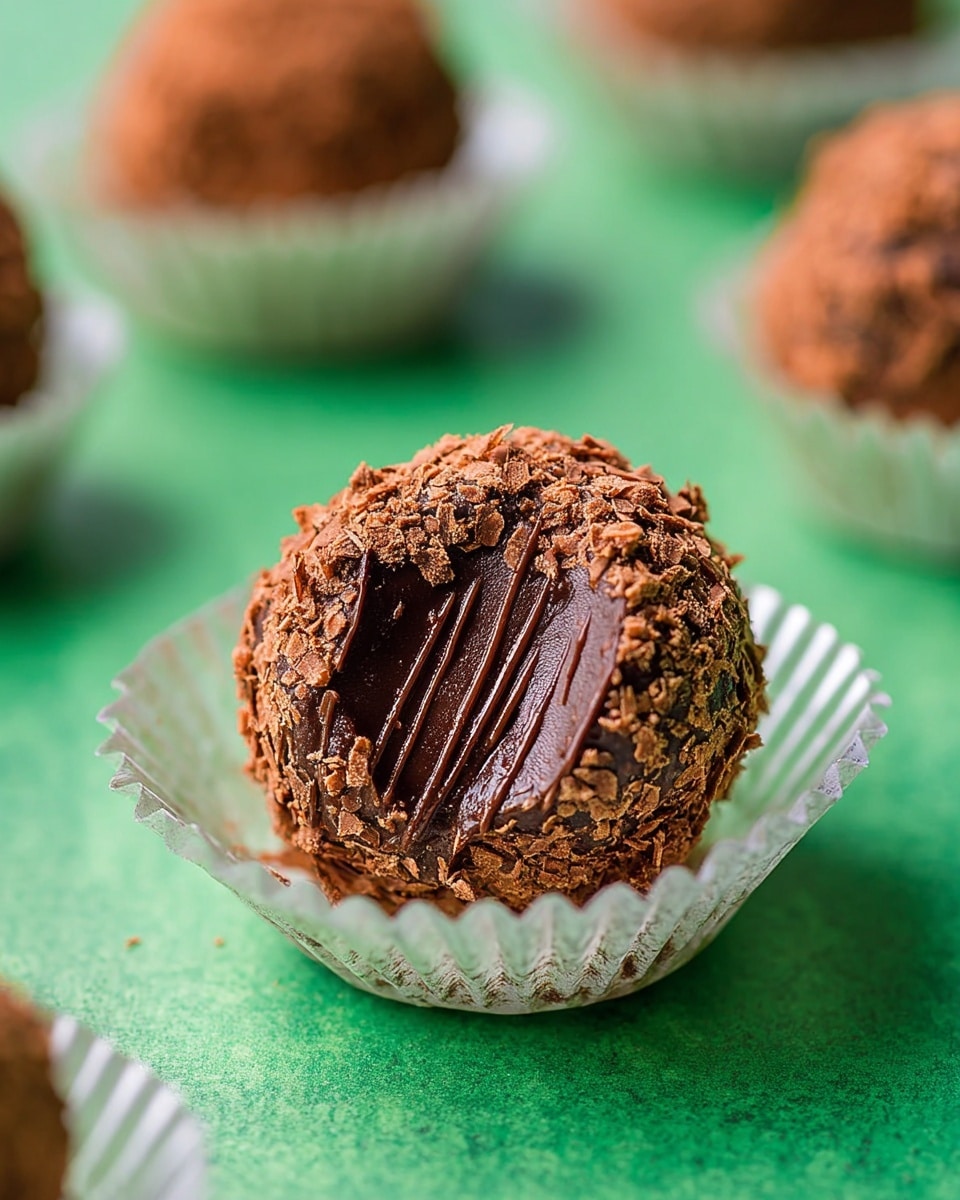 The image shows a round chocolate truffle with a rough outer coating of fine chocolate flakes. The truffle has a textured top surface with finger marks creating small grooves in the dark, glossy chocolate center. It sits inside a white, fluted paper cup, contrasted against a soft green background. Other similar truffles are blurred out in the background, placing focus on the central piece. photo taken with an iphone --ar 4:5 --v 7