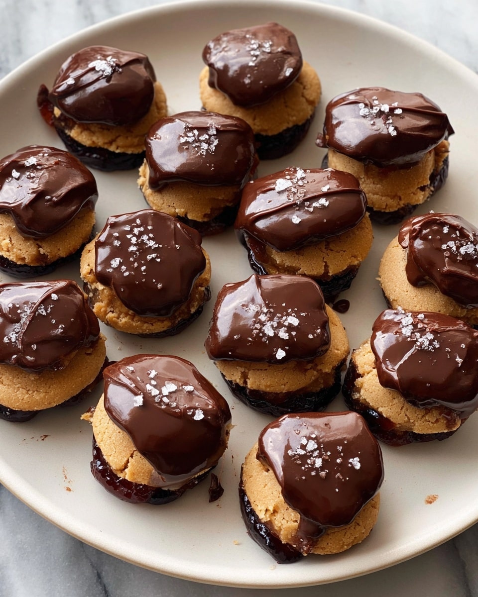 The image shows a white round plate filled with eleven small bite-sized treats arranged loosely in rows. Each treat has three layers: the bottom layer is a dark, glossy, slightly sticky fruit base, the middle layer is a light brown cookie dough with chocolate bits, and the top layer is a thick, smooth, shiny dark chocolate glaze that covers the cookie and drips slightly down the sides. A few treats have a sprinkle of coarse salt crystals on the chocolate layer, adding texture and a slight sparkle. The plate rests on a white marbled surface. photo taken with an iphone --ar 4:5 --v 7